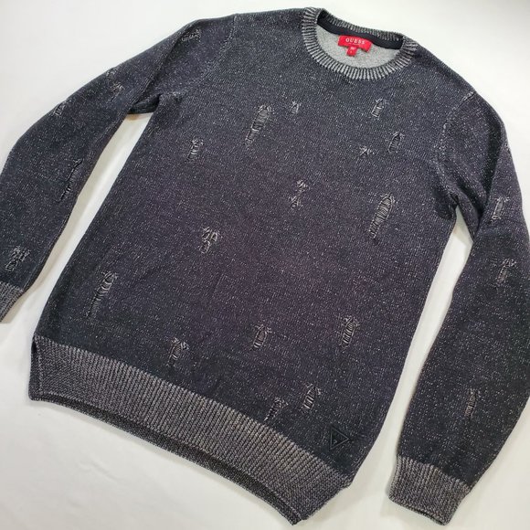 Guess Sweater Men Large Black Tight Knit Slim Oversized Tattered Look Split Hem - Picture 7 of 16